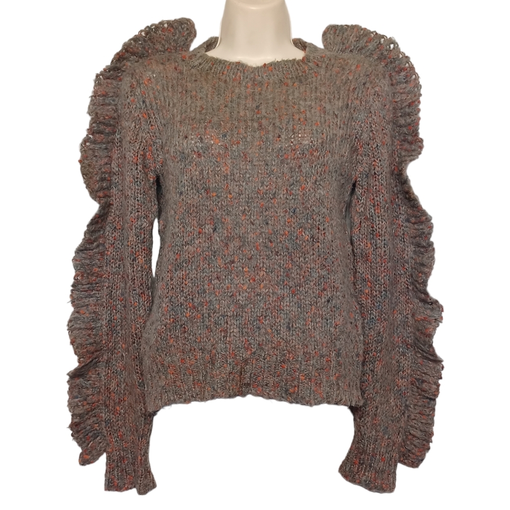VTG JONA 100% Wool Orange Gray Ruffle Long Sleeve Knit Sweater Top Small Petite